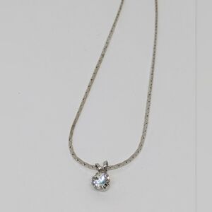 Classic Solitaire Pendant Necklace Silver Tone Chain Clear CZ New Unused
